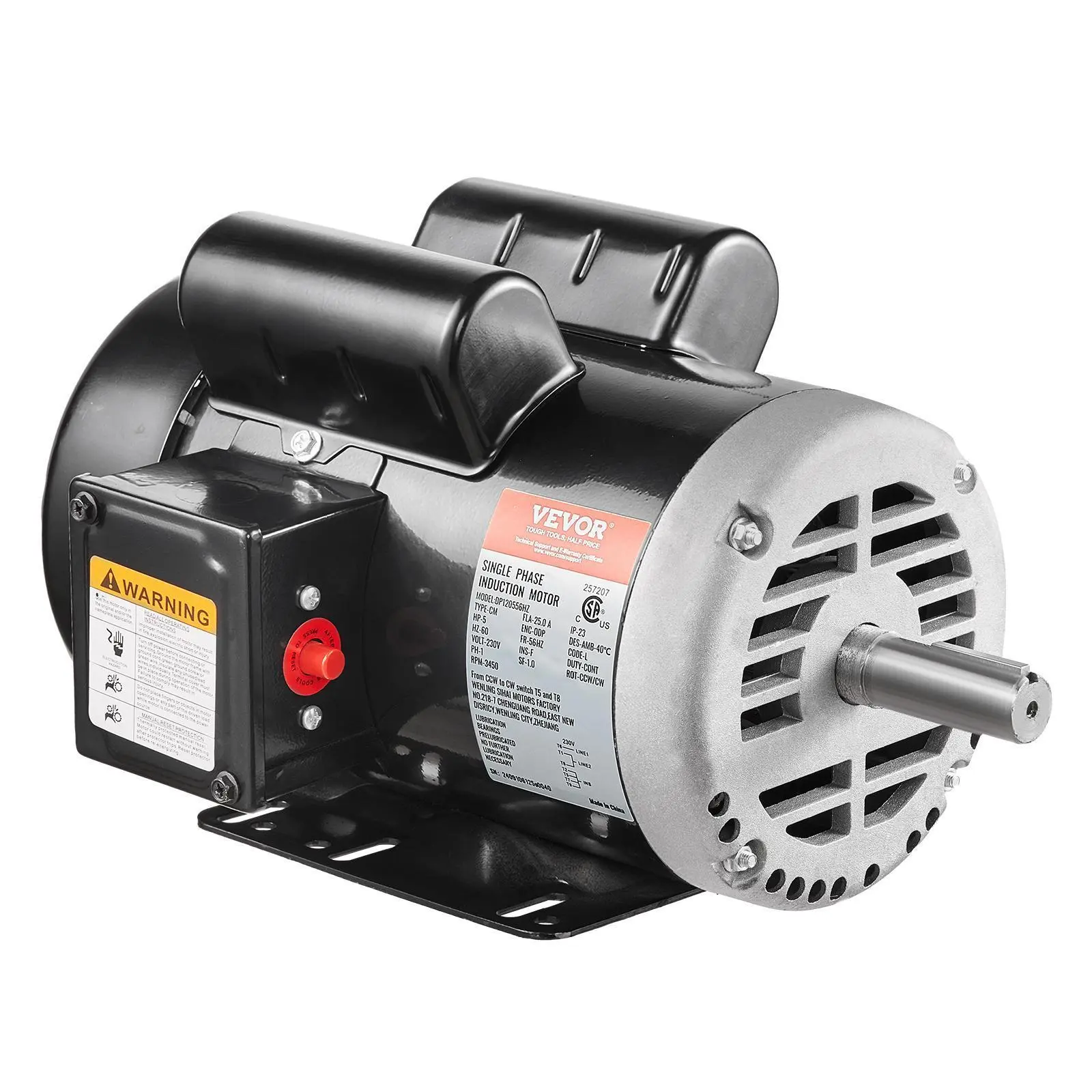 【Summerfinds】VEVOR 5HP Air Compressor Electric Motor,  , 230V 25 Amps, 56HZ Frame 3450RPM, 7/8" Keyed Shaft, 2.25" Shaft Length, Single Phase, CCW/CW (Factory Setting is CCW)