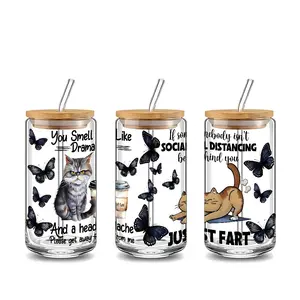 Fashion cute black butterfly cat Design 16oz Glass Water Cup with Lid and Straw, Bamboo Lid Reusable Glass Drinking Cup, High-Quality Glass Jar Design, Suitable for Iced Coffee, Beer, Juice, Milk, Cold Drink Glass Cups, Fashionable Glassware