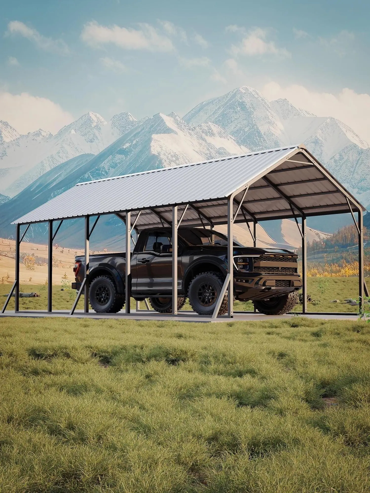 Garvee 13x26 FT Heavy-Duty Metal Carport Kit, 120° Steep-Pitched Vertical Roof, 133 Inch High Headroom Clearance, Reinforced Galvanized Steel Frame Shelter, Ideal for RVs, Boats, Tractors and Winter Snow Protection