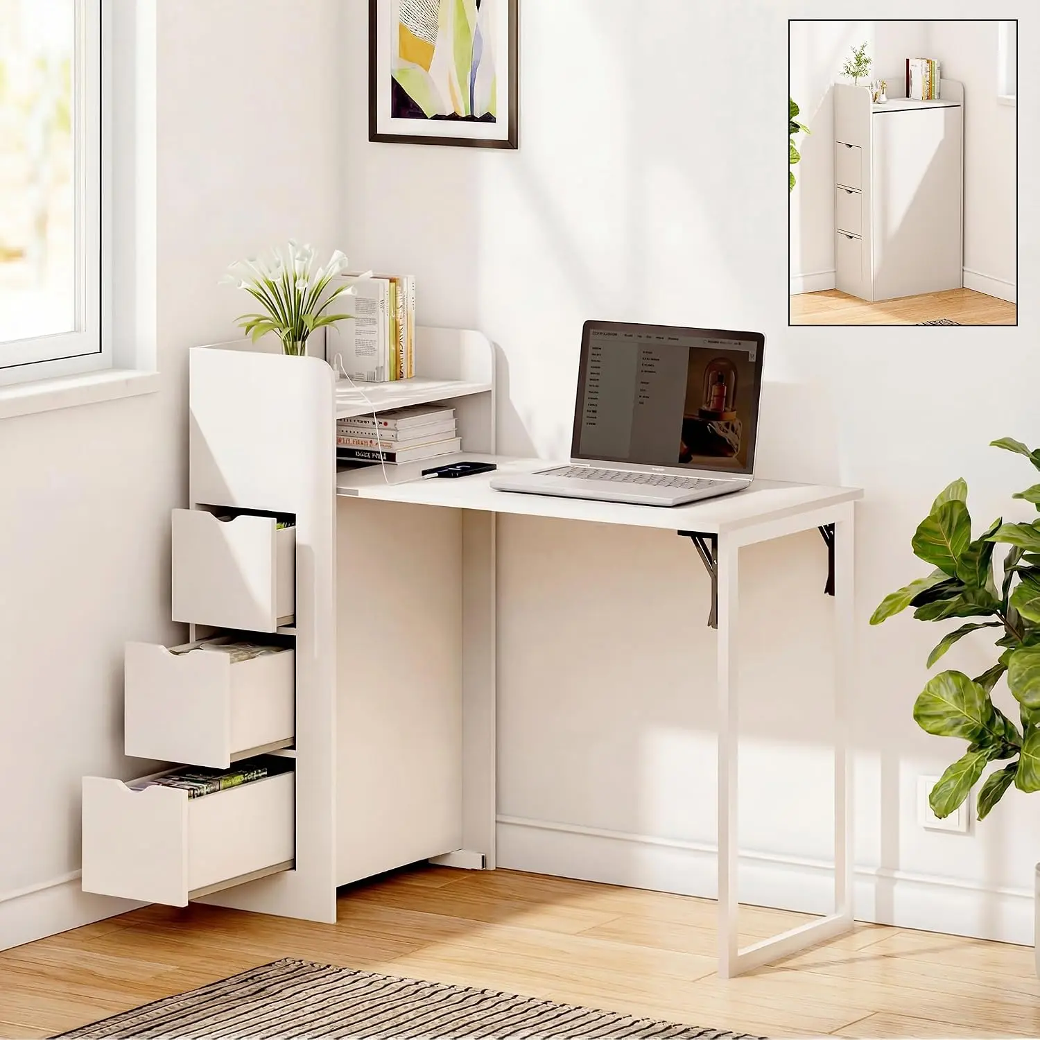LAUSAINT HOME Wall Mounted Foldable Desk, Space Saving Hidden Desk with Storage & Power Outlet, Fold Out Table for Small Spaces, Home Office Bedroom