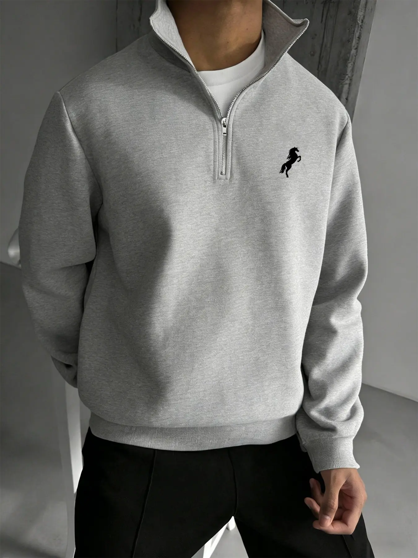 Men's Half-Zip Pullover Sweatshirt, Casual Geometric Print Stand Collar, Loose-Fitting Long Sleeve Fleece, Spring & Fall Fashion