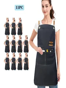 11-Piece Blue Vintage Denim Apron Set, Kitchen Cooking Aprons, Multi-Pocket Design, Leather Straps, Metal Buckles, Durable & Waterproof