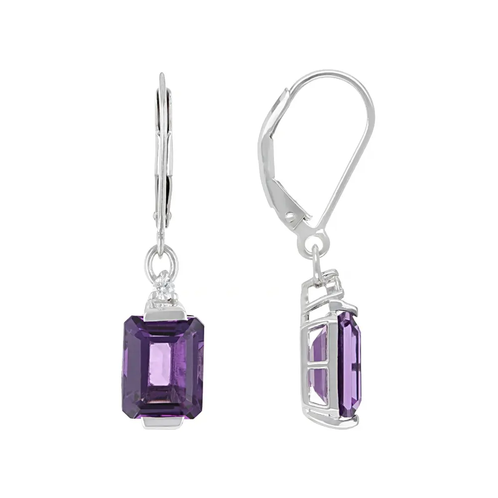 Elegant 3.99ctw Purple Canela Amethyst and 0.06ctw Moissanite Dangle Earrings in Rhodium Over Sterling Silver, Adults, Lever Backings, 1.27"L, No Warning Applicable, Octagonal, Rectangular, Dainty Natural Crystal Earrings