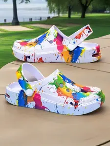 Women's Colorblock Painting Splatter Print Platform Clogs - Casual, Comfortable, Breathable Sports Sandals for Beach, Outdoor Activities