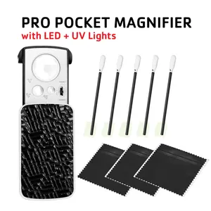 Pro Pocket Magnifier 30X 60X 90X Lenses with LED UV Lights for Card Pre Grading Collectible Inspection Tool Includes Microfiber Cloths Cleaning Foam Q-Tips