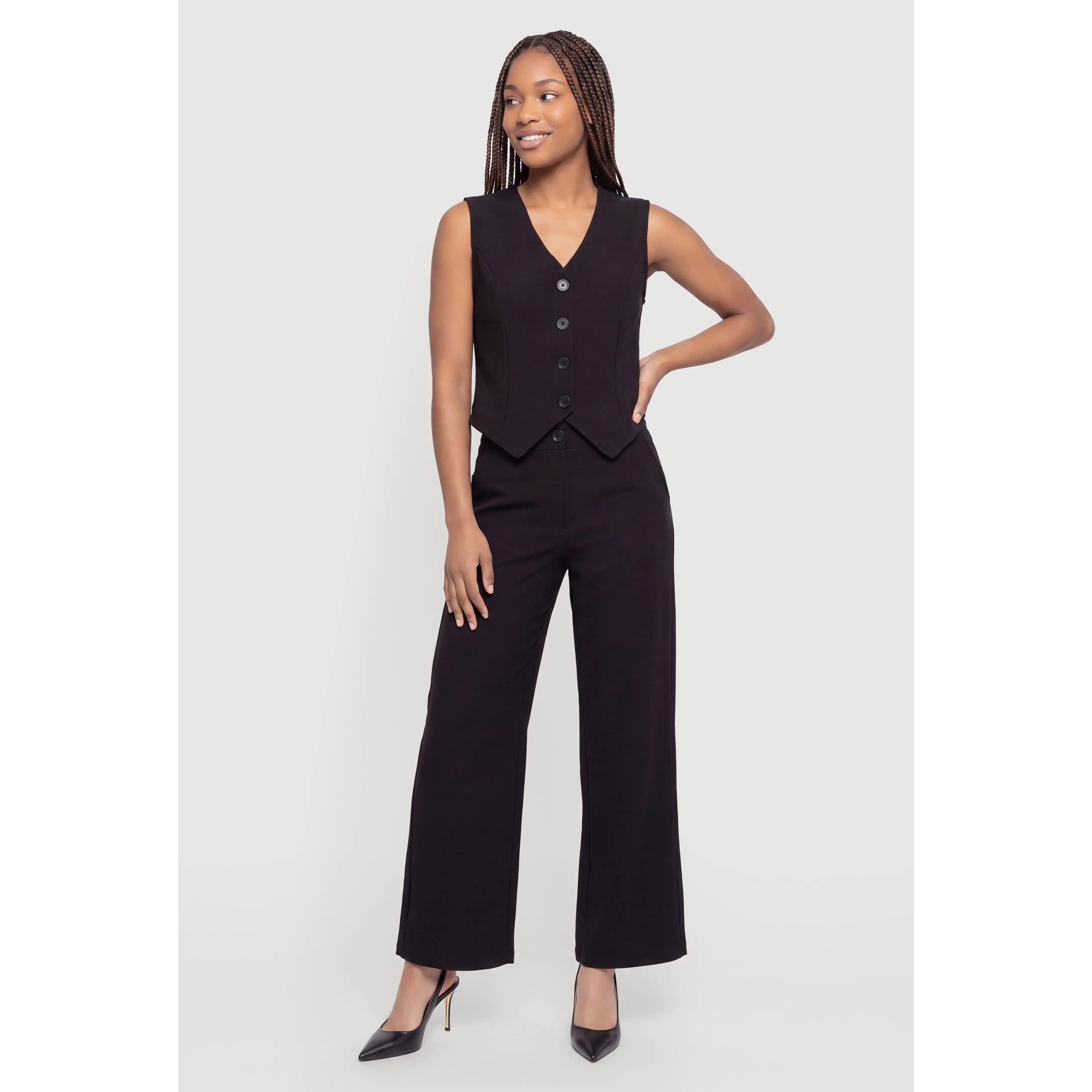 Scuba Button Front Blazer Vest and Wide Leg Pants