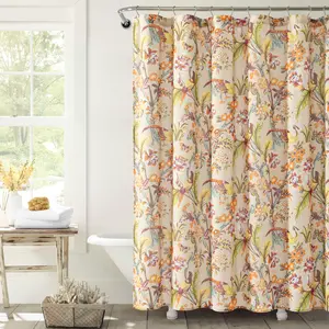 Lush Decor Dolores Linen Textured Shower Curtain 72"W x 72"L Neutral & Multi-Floral Design for Boho Farmhouse & Traditional Bathrooms