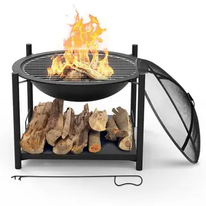 26" Round Metal Outdoor Fire Pit with BBQ Cooking Grill and Wood Storage Tray | Durable Steel Fire Bowl with Spark Screen - Fire Poker and Log Grate for Patio, Backyard, Camping and Bonfire