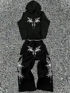 Hoodie Sweatshirt & Pants Set, Dark Gothic Street Style, Unique Visual Impact Design, Trendy Casual Wear for Men Women