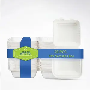 Urban Box Co. 9x9 Inch Compostable Clamshell Containers, Heavy-Duty Biodegradable To-Go Boxes, Made from Eco-Friendly Sugarcane Bagasse, Disposable Takeout Containers for Food