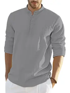 Men's plain linen breathable polo shirt, regular fit casual long sleeve button front shirt, suitable for all seasons, men's T-shirt, collar shirt, men's clothing, adjustable sleeve length, fitted style, Casual Breathable Lightweight