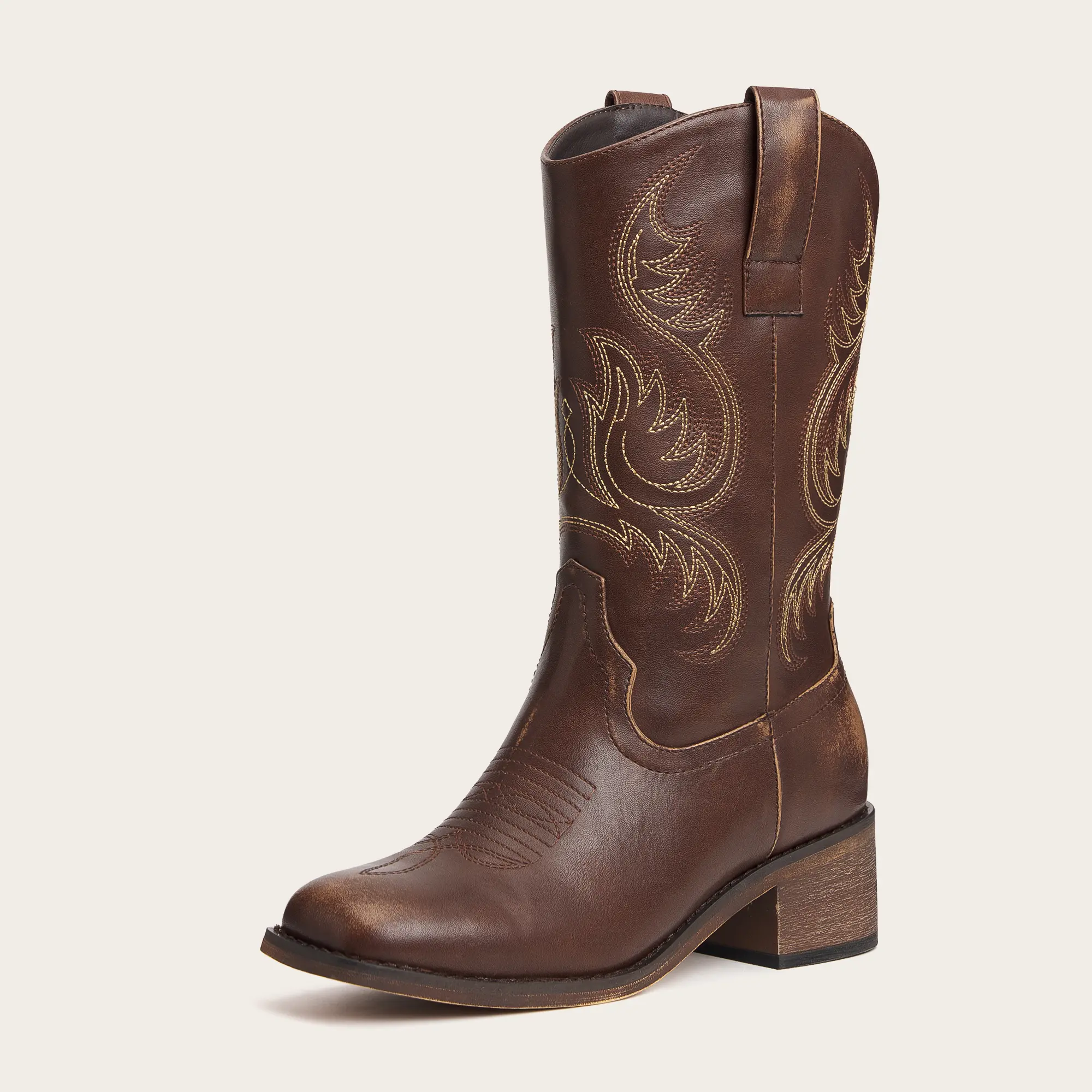 Women's Brown Embroidered Cowgirl Boots with Sturdy Wooden Heel and Square Toe Classic Western Style Casual Footwear