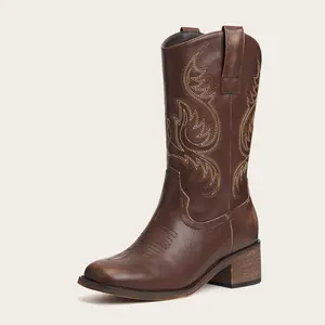 Women's Brown Embroidered Cowgirl Boots with Sturdy Wooden Heel and Square Toe Classic Western Style Casual Footwear