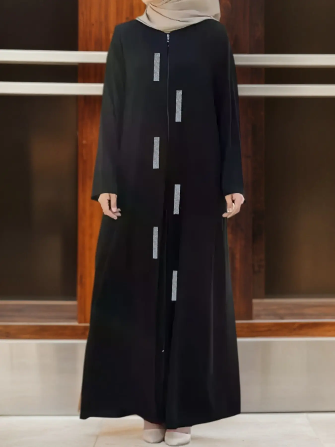 Women's Elegant Sequined Long Sleeve Zipper Dress, Casual Loose-Fit Woven Robe for All Seasons, Plain Pattern, Moderate Fabric Thickness