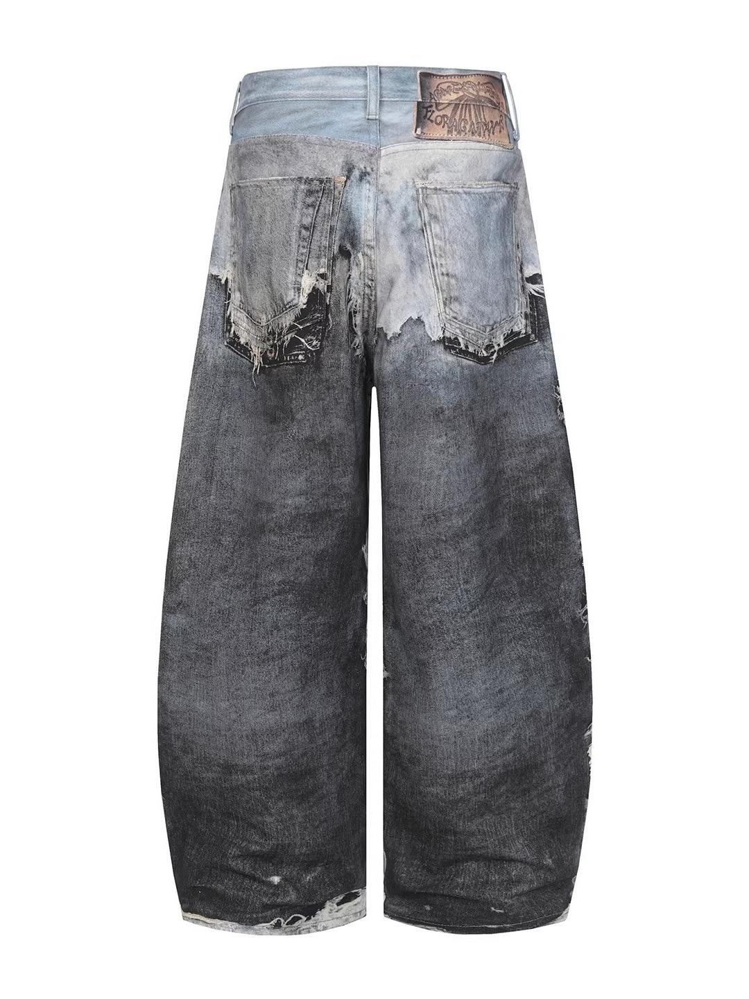American Distressed 3D Digital Print Fake Two-Piece Jeans - Baggy Streetwear Loose Wide-Leg Pants