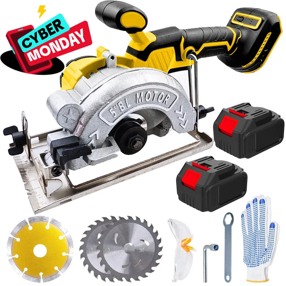 Cordless Circular Saw With 2 Battery, 5 Inches Brushless Circular Saw,6200 RPM Power Wood Saw With Brushless Motor, Adjustable Cutting Depth And Angle