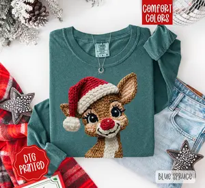 Faux Crochet Rudolph Comfort Colors Long Sleeve T-Shirt, Cute Women's Christmas Tee