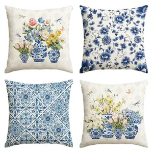 4 Piece Ceramic Vase Set, Chinese Floral Pillow Covers, Spring Summer Flower Pad Sets, Sofa Living Room Home Decor, All Seasons