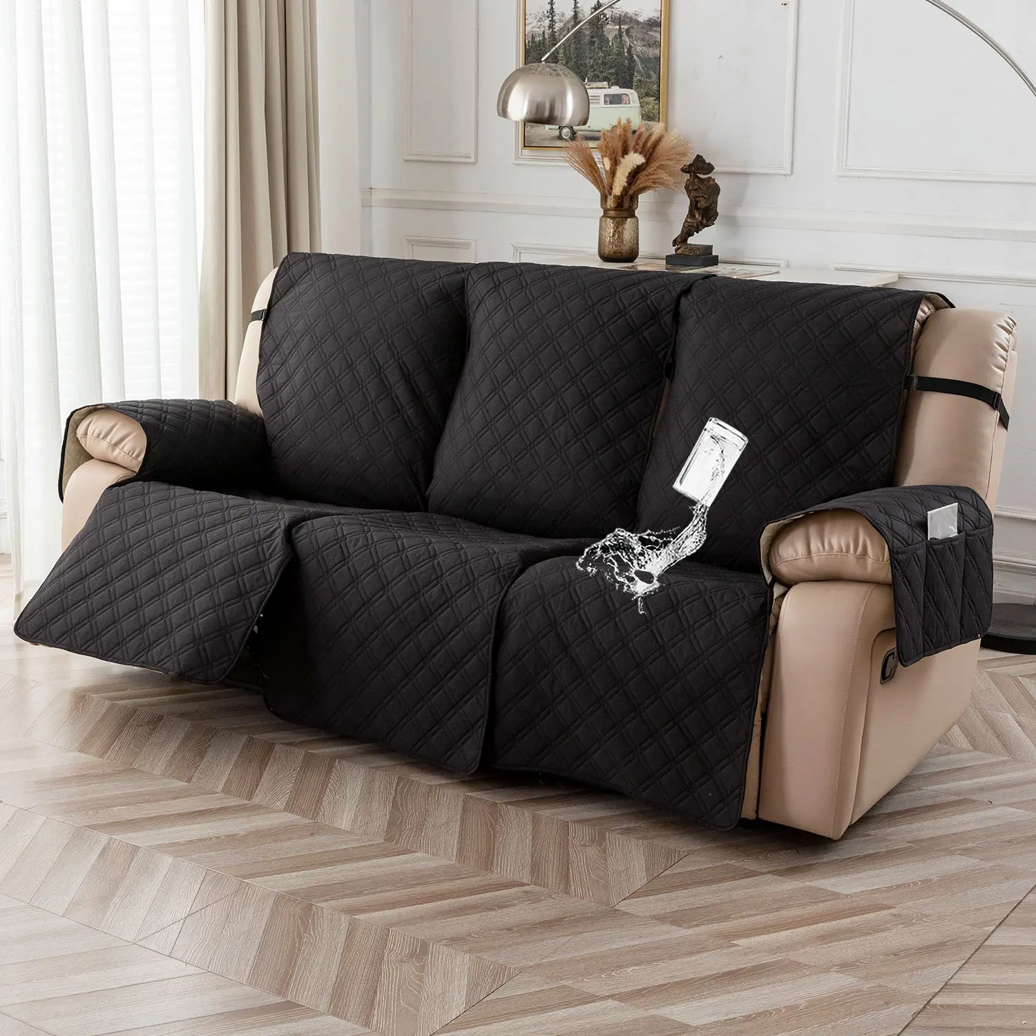 3-Seat Waterproof Recliner Cover, Durable Non-Slip Household Sofa Protector with Pockets, Washable Pet-Friendly Adjustable Lounger Cover