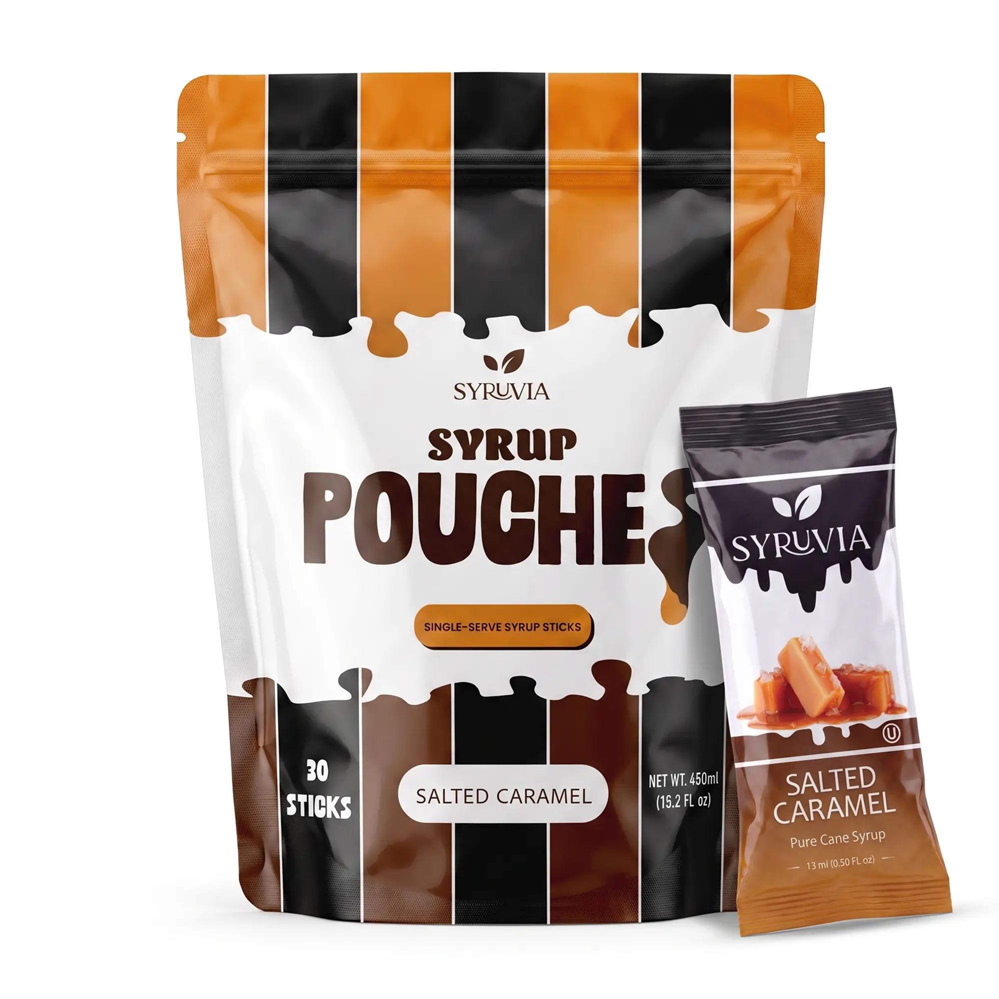 Syruvia Salted Caramel Syrup Pouches, Coffee Syrup Sticks for Coffee, Tea, Lattes & Desserts, 30 Count (15 mL Each)