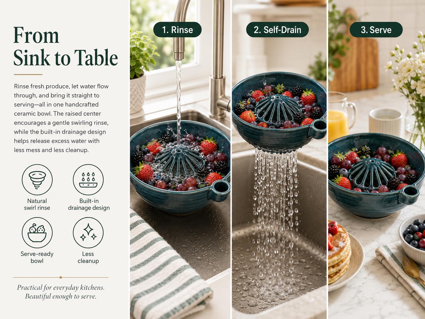 wowsome Self-Spinning Berry Washing Bowl,Glazed Ceramic Berry Bowl with Raised Center and Drainage Holes,Fruit Rinse Colander for Strawberries,Blueberries,Grapes,Cherry Tomatoes and Small Produce
