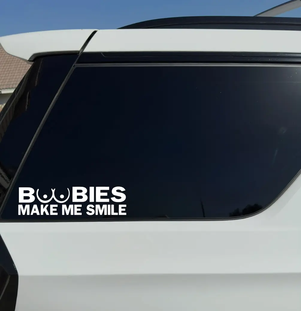 Boobies Make Me Smile Vinyl Car Sticker Adhesive Decal Vehicle Exterior Decoration, Car Truck Decal, Car Windshield Decals