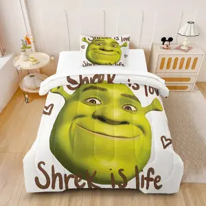 Classic Shrek emoji printed quilt and 1/2 pillowcase (not including filling), a novel and funny gift for friends. "Shrek is love, Shrek is life" print bedding set, soft bedding.