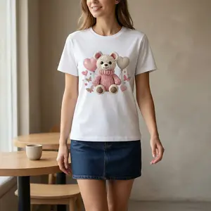Women's Soft T-Shirt with Adorable Teddy Bear & Pink Heart Balloon Print Short Sleeve Casual Round Neck Top Lightweight Stretchy for Daily Wear Comfortable Fit women s