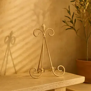Fleur De Lis Gold Metal Tabletop Arched Display Easel with Scroll Details