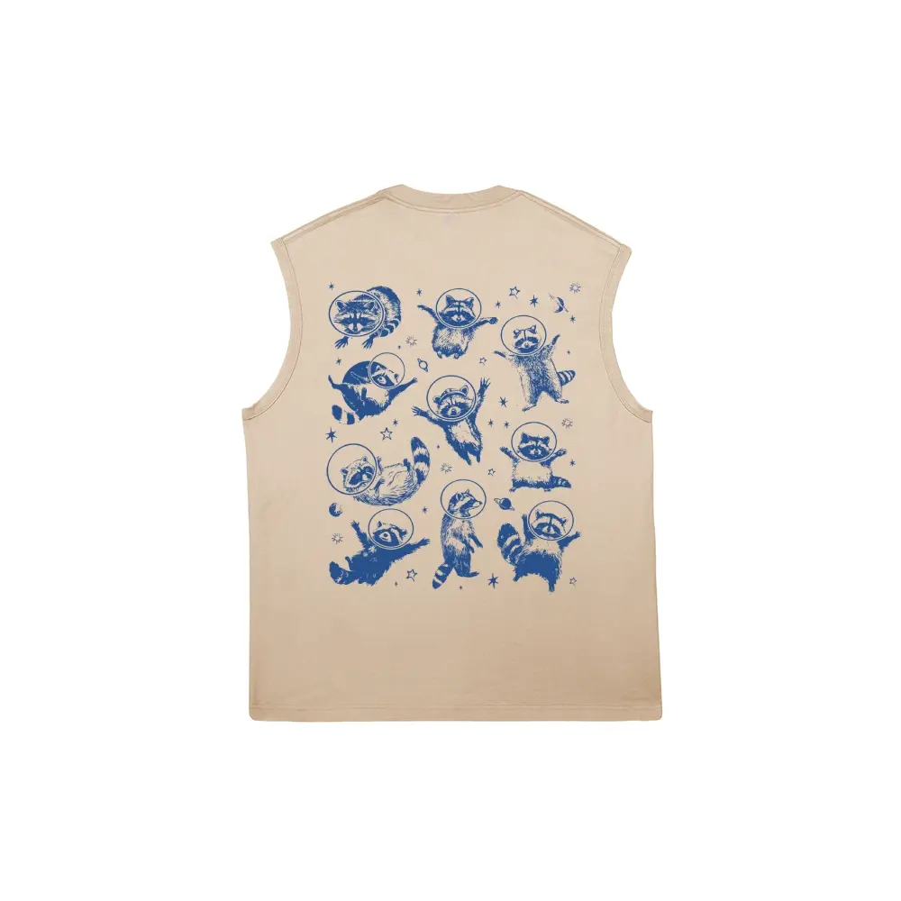 Men's Astronaut Raccoon Star Vintage Washed Pure Cotton Tank Top - Breathable Casual Distressed Menswear Top, Loose, Sleeveless, Streetwear, Retro, Fabric