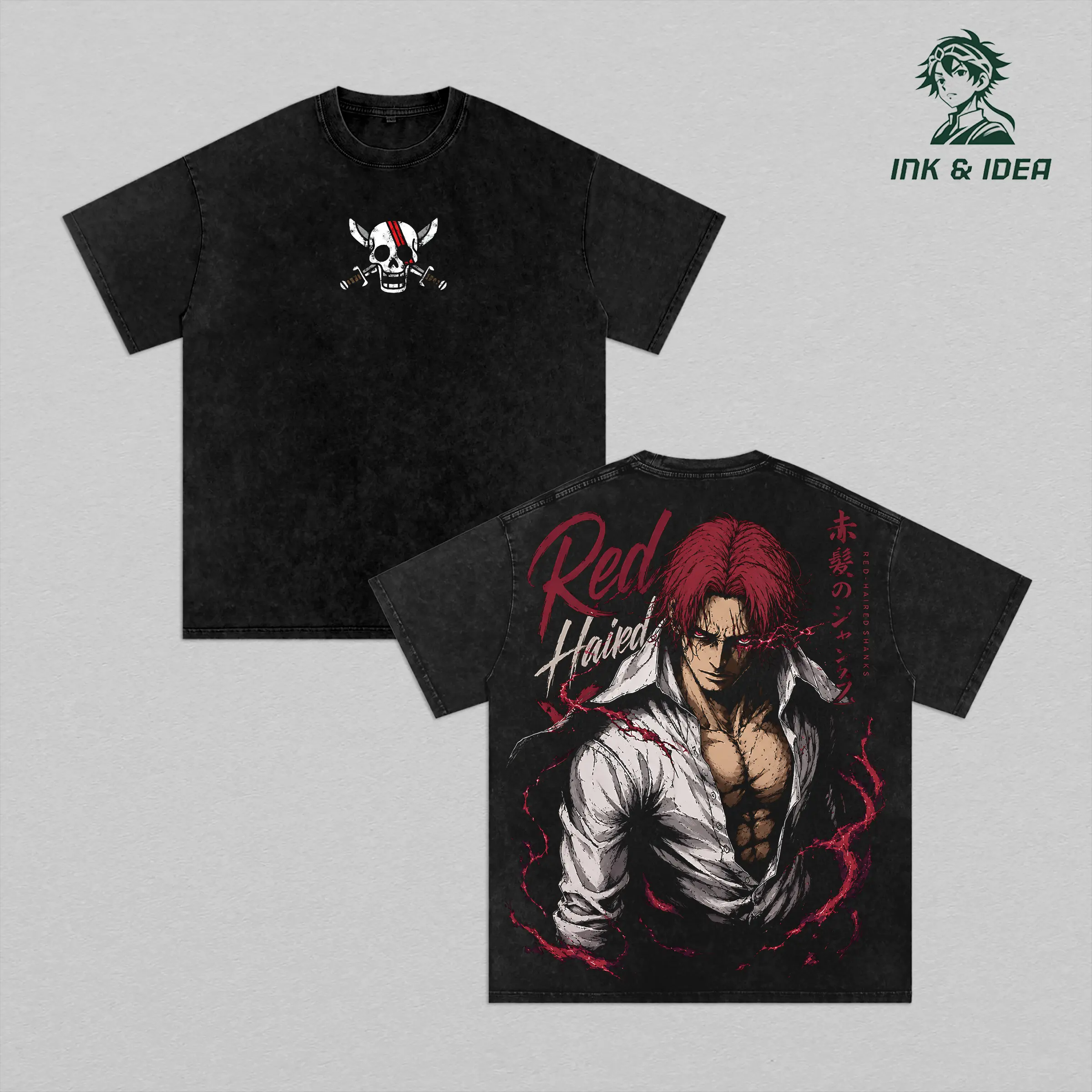 Shanks One Piece Vintage Washed T-Shirt, Red Hair Pirates Captain Anime Graphic Tee, Heavyweight Cotton Oversized Streetwear, Retro Manga Apparel