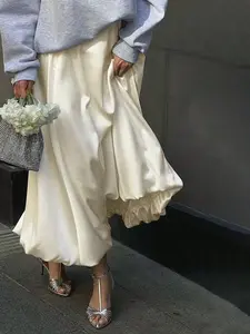 Women's High-Waisted Fitted Solid Satin A-Line Bubble Midi Skirt, Casual Puff Ruched Skirt Elegant Date Wear All Season， Valentine