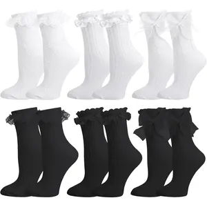 6 Pairs Lace Ruffle Crew Socks for Women,Cotton Cute Princess Ankle Dress Lace Socks for Women Girls