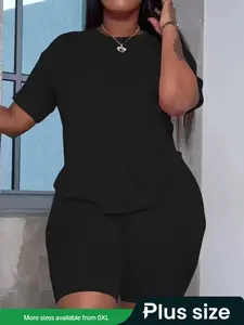 【Plus Size】 Solid Color Tee & Skinny Shorts Two-piece Set, Casual Round Neck Short Sleeve T-Shirt & Shorts for Daily Wear, Women's Two-piece Outfits for All Seasons