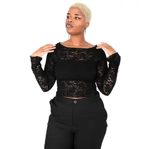 Women's Black Lace Boat Neck Blouse, Long-Sleeve Top Made with Polyester, Spandex, Rayon Fabric
