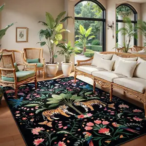 Tiger & Floral Pattern Carpet, Non-slip Washable Floor Mat, Decorative Area Rug for Home Living Room Bedroom Study Room, Decorative Rugs