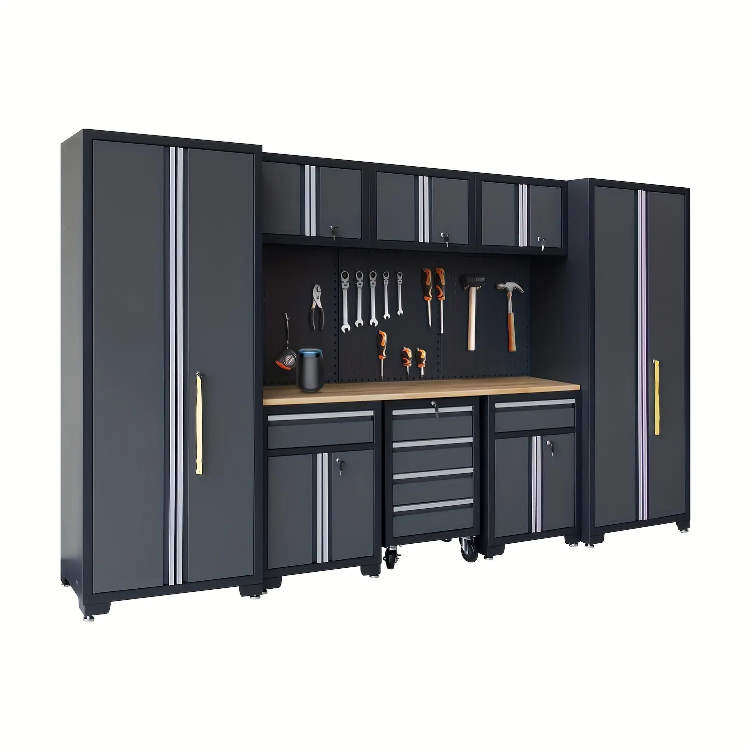 HPDMC Garage Storage Cabinet System, 9pcs Garage Cabinets And Storage System Corner Workshop Set with Corner Cabinet, Cabinet Drawers, Workbench, Pegboard for Tool Organization, Black And Grey