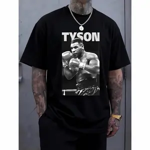 Men's Tyson Boxing Graphic Print T-Shirt - White Casual Short Sleeve Round Neck Tee with Full-Body Design, Machine Washable Summer Top for Sports Fans & Casual Wear