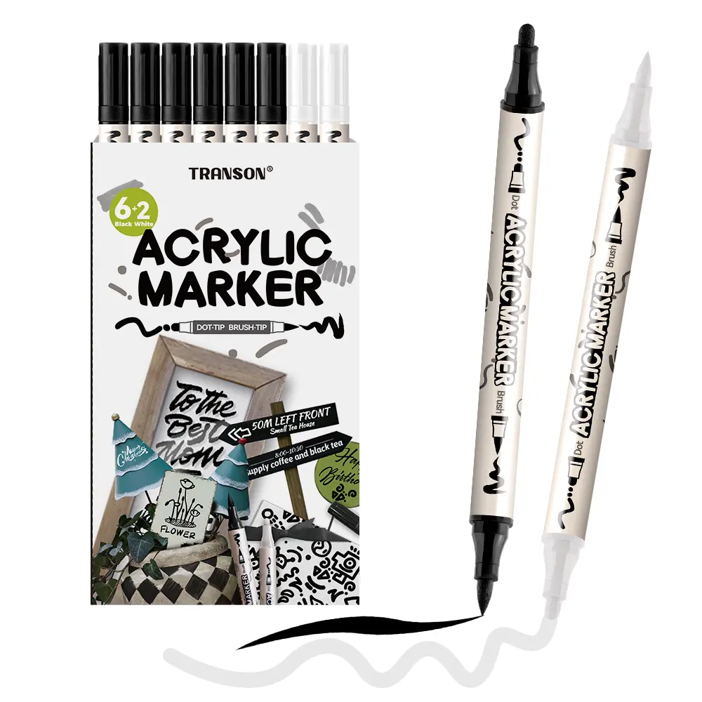 TRANSON Bold-and-Brush Dual-Tip Waterproof Acrylic Paint Pens - Acrylic Markers & Highlighters, Artist Craft Supplies for Rock, Glass DIY Projects, Office Stationery