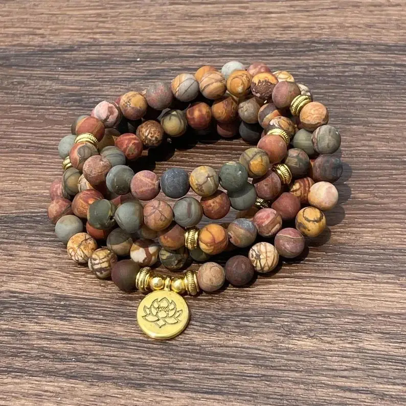 Natural Matte Red Creek Jasper Prayer Lotus Charm Healing Reiki 108 Mala Beads Bracelet Prayer Meditation Inner Peace Bracelet