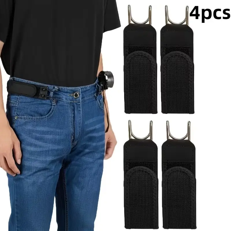 Unisex 4-Piece Metal Hook Elastic Fabric Belt Set - Hole-Free Invisible Adjustable Fit, Portable Hook Closure, Wooden/Yarn/Gold Accents, Casual Business Belt for Outdoor Work, Travel Gear