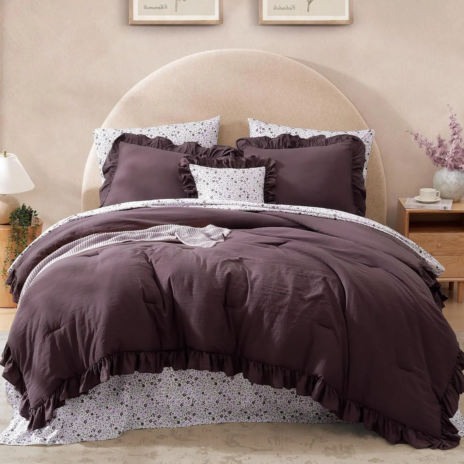 Full Comforter Set - 7-Piece Ruffle Autumn Leaf Bedding Set for Bedroom Decor Ideas, Shabby Chic Farmhouse Bed-in-a-Bag with Floral Sheets, Pillowcases & Shams