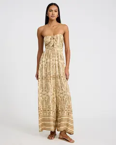 Express Printed Strapless Tie Front Smocked Back Wide Leg Jumpsuit