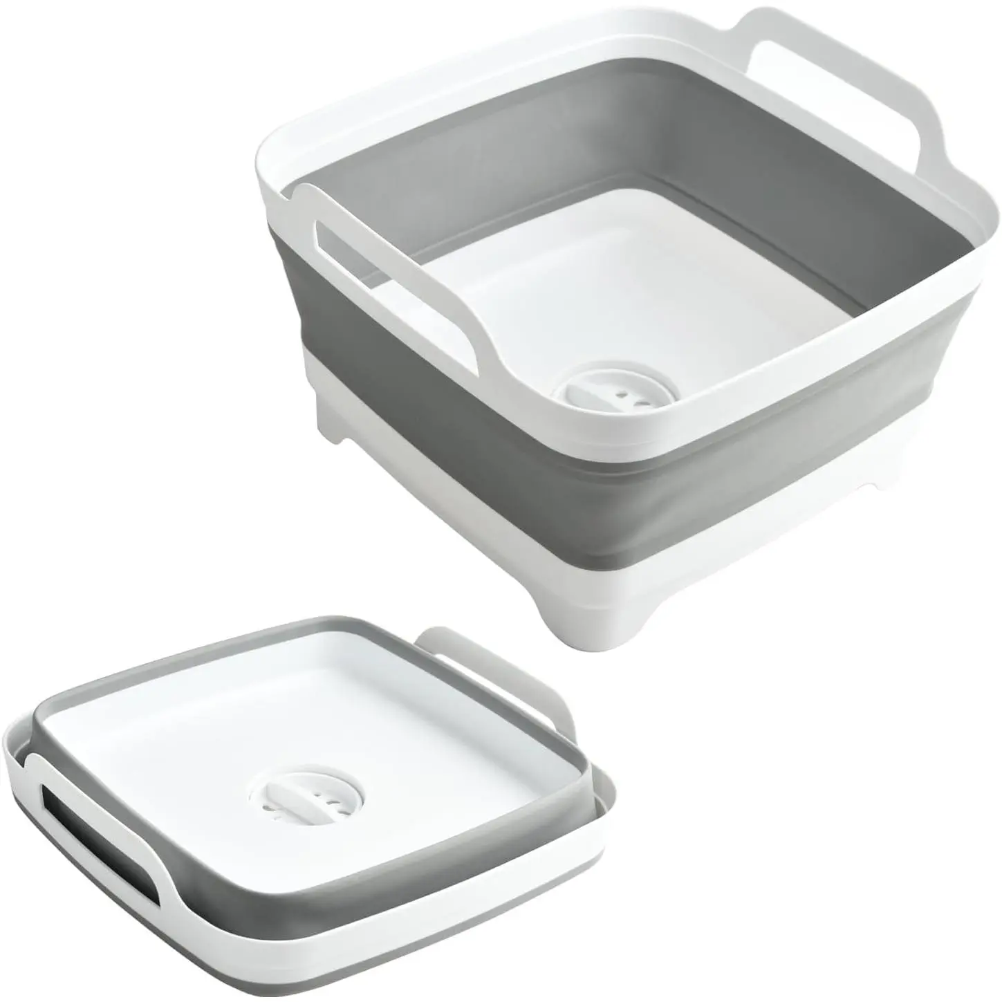 Foldable Compact Dish Washing Basin (2.4Gal/9L) with Drain Plug, Space-Saving Wash Tub for RVs, Camping (Gray)