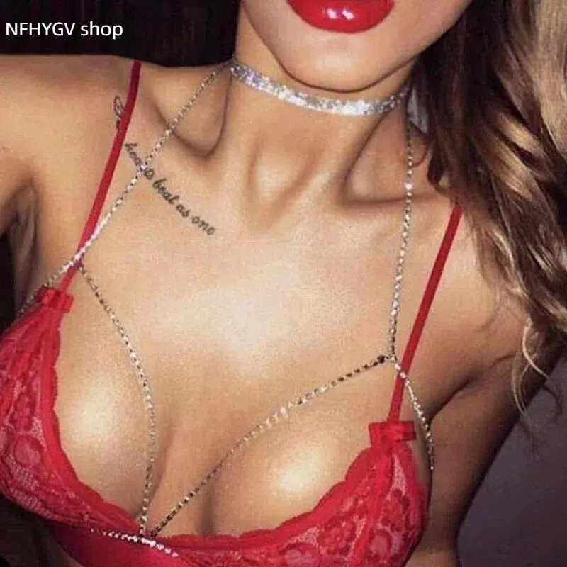 Minimalist Rhinestone Bra Harness Chain, Gold Crystal Body Chain Jewelry, Statement Sparkly Chest Accessory for Party, Rave, Formal Events