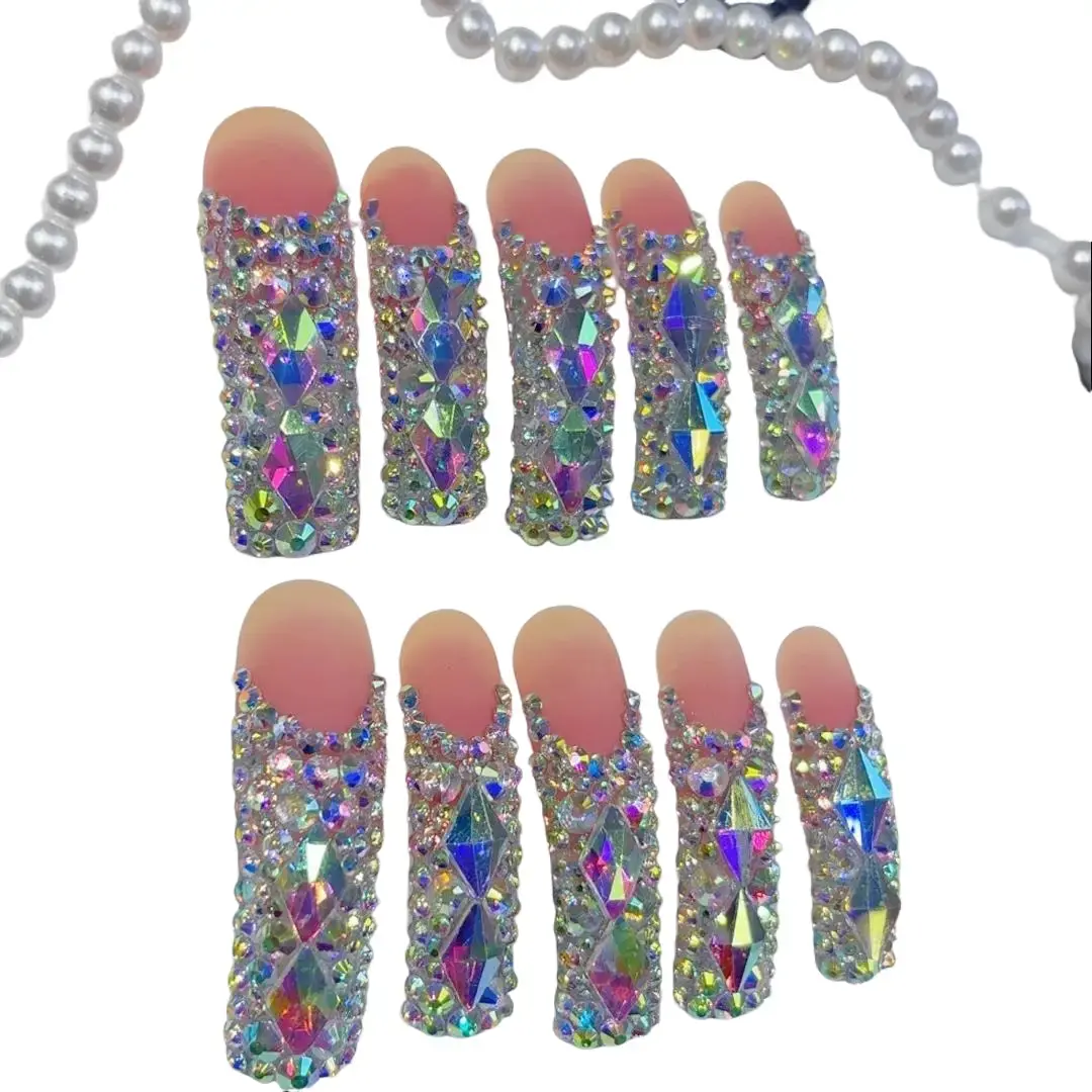 nailrosy Handmade Press-On Nails, 10pcs Glossy Ombre French Tips with Bling Rhinestones, Long Curved Square Shape, Multi-Pack in Gift Box for Women, Nail Art Design, Ombre Tips, Press-On Wear