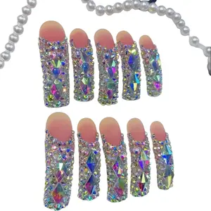 NAILROSY Handmade Press-On Nails, 10Pcs Long Curved Square Obreme French Bling Shine Diamond Rhinestone Nails, Gift Box Included