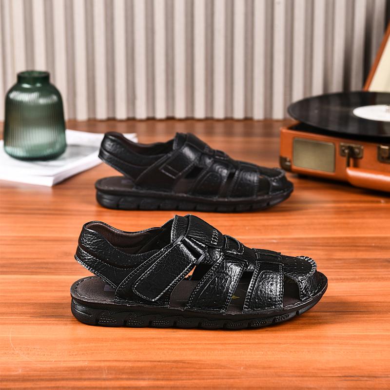 Men's Leather Sandals Closed Toe Water Shoes For Summer Athletic Outdoor Walking Sports Trail River Fishing Wide Adjustable Waterproof Arch Support Lightweight Slip-Resistant