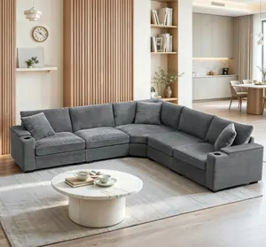 104" Convertible L-Shaped Sectional Sofa Corduroy Corner Couch with Armrest Storage Cup Holders USB Charger Irregular Corner Oversized Comfy Modular Sofa for Living Room Apartment