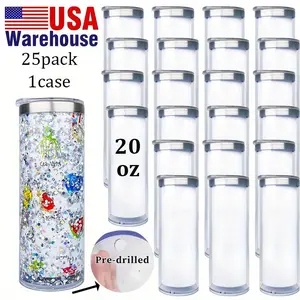 USA Warehouse 25pcs 20oz Sublimation Snow Globe Stainless Steel Tumbler Double Wall with Pre-drilled Hole for DIY Glitter Snow Globe Festive Gifts Drinkware Flasks